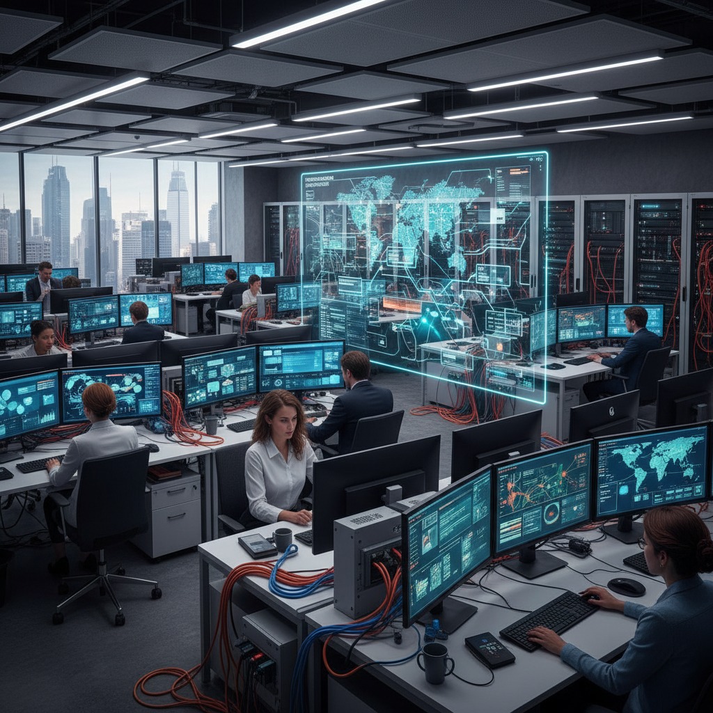 diversos computadores com sistemas interligados empresarial